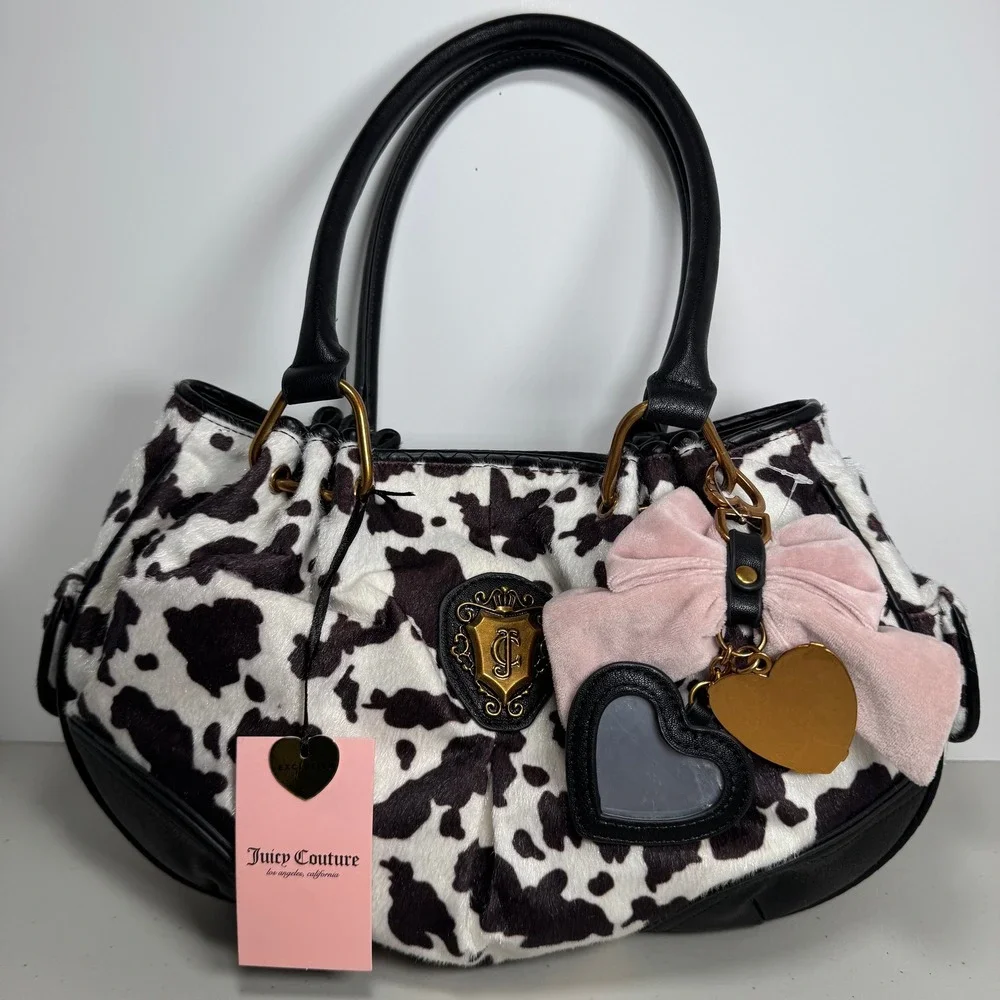 Juicy Couture Romance Cow Print Satchel Bag Faux Fur Pink Bow Heart Charm BW